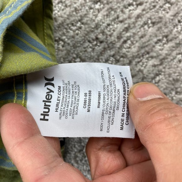 Hurley Shirt Men Medium Large L Green Blue Striped Button Down Short Sleeve Surf - Picture 7 of 12